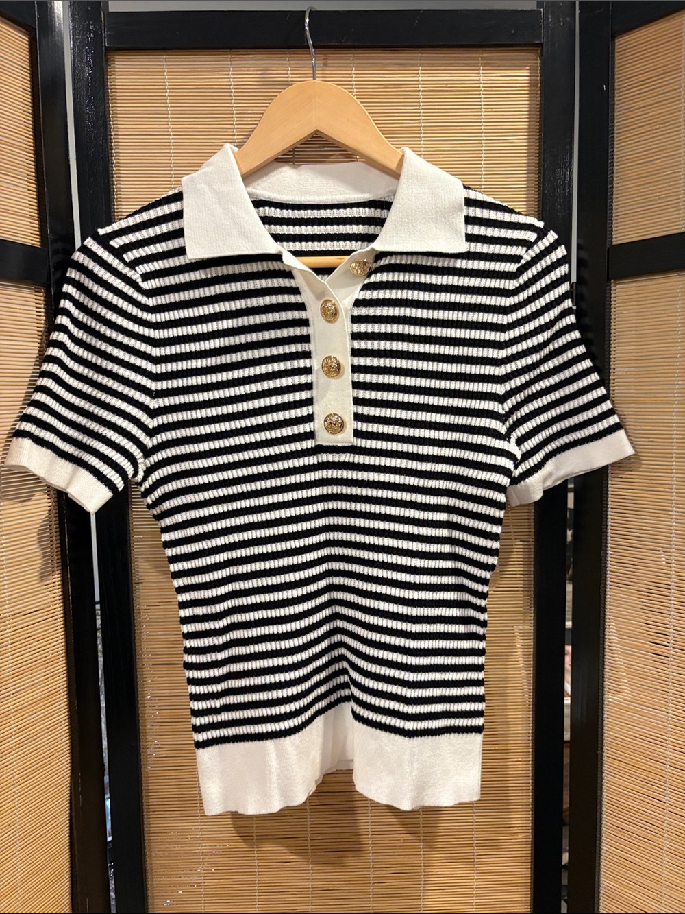 Commense Black and White Striped Button-Down Knit Top